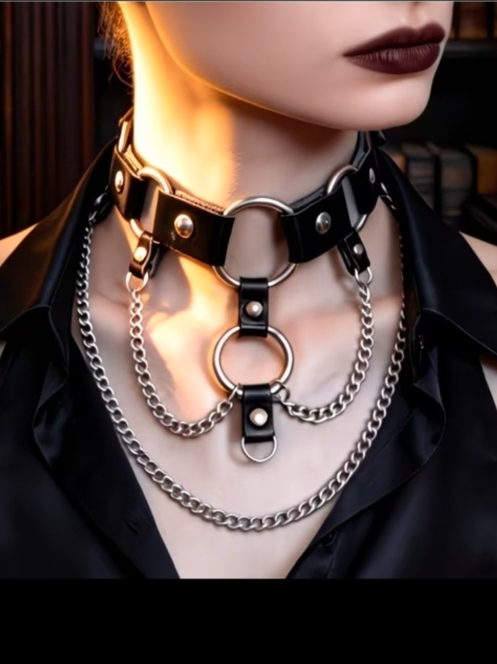 Black Pu Leather Chain Gothic Style Harness Choker Necklace